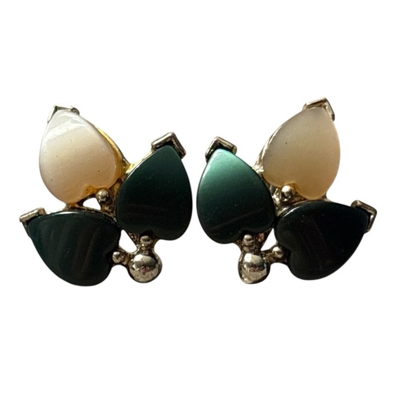 Green & Cream Thermoset Plastic‎ Screw Back Earrings Silver Tone MCM Vintage - Picture 4 of 10